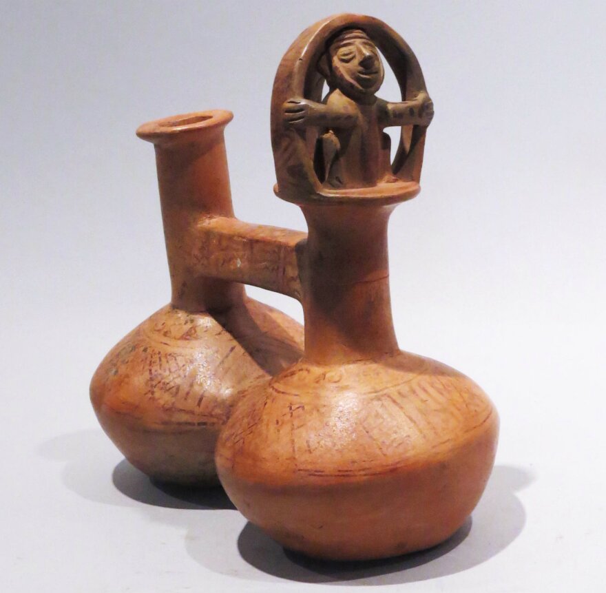 Bridge-Spouted Whistling Vessel, Inca, Peru, 1400-1500 CE, 8 x 7.5 x 3 inches, Collection of the Sheldon Art Galleries, Hartenberger World Music Collection 