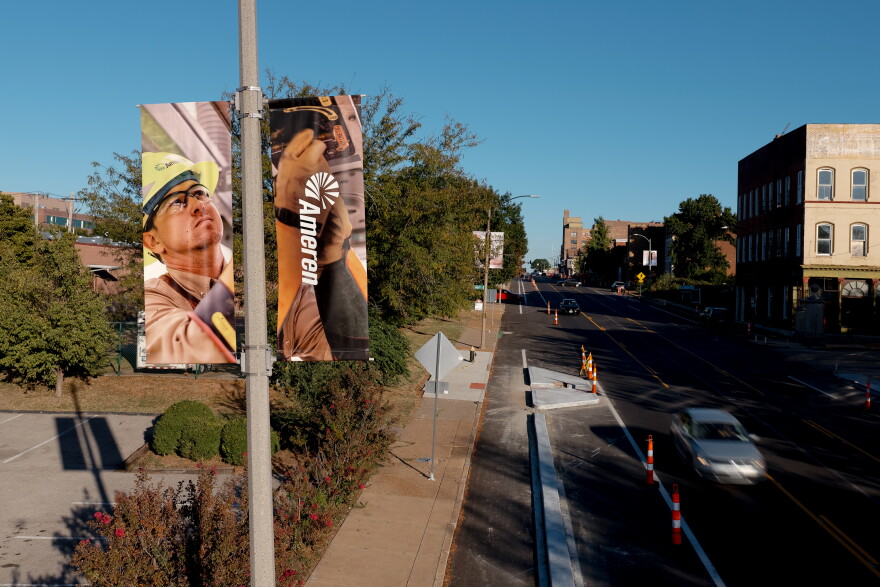 An Ameren Missouri banner hangs near the company's St. Louis headquarters on Monday.