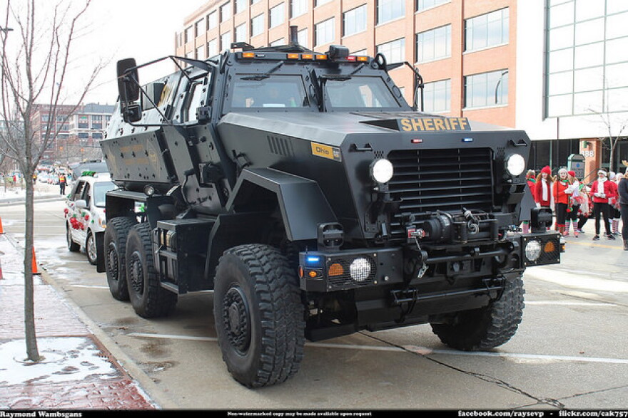 A mine-resistant ambush protected vehicle, or MRAP, that has been converted for local agency use at the Summit County Sheriff's office in Ohio.