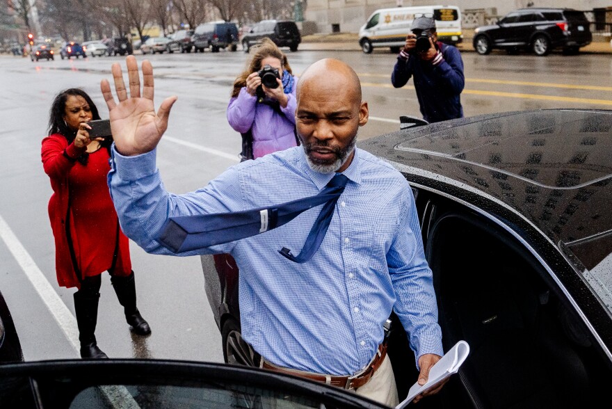 Lamar Johnson waves to the media on Tuesday, Feb. 14, 2023, after being released from custody at the Carnahan Courthouse in downtown St. Louis. Johnson was released after being convicted and jailed in Missouri for nearly 30 years for a murder he did not commit. “I thought I would have some time to rest, but it kind of feels like I'm ready to hit the ground running,” he said while looking around downtown St. Louis. “I want to work to try to rebuild my life.”
