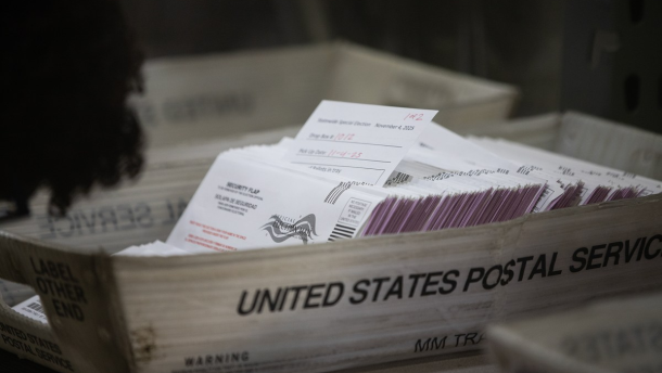 Voting ballots stacked in crates in the Fresno County Elections Warehouse in Fresno on Nov. 5, 2025.