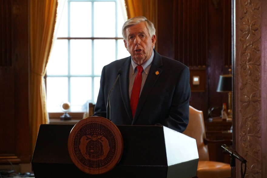 At a press briefing on Monday, Gov. Mike Parson lays out phase one of his plan to reopen Missouri. In one week, all businesses in the state will be allowed to open again but must adhere to social distancing guidelines.