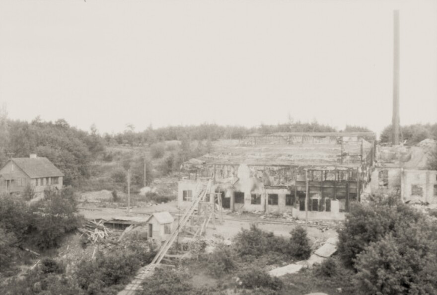 A view of the abandoned Winona Mine Stamp Mill in Michigan's Keweenaw Peninsula. September 19, 1929. (credit: Michigan Technological University Archives)