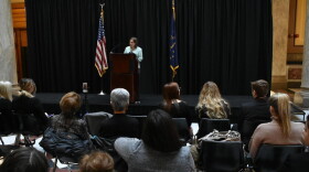 Rep. Chris Campbell (D-West Lafayette) addresses women at the statehouse rally.