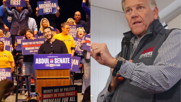 Democratic US Senate nominee Abdul El-Sayed (left) speaks at a rally at Miller Auditorium in Kalamazoo, Michigan on Thursday, October 29. Republican US Senate nominee Mike Rogers (right) speaks at a campaign event at the Berrien County GOP offices in St. Joseph, Michigan on Thursday, October 29.