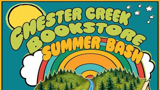 Poster for Chester Creek Bookstore Summer Bash; illustration of an open book revealing a forest and camping landscape