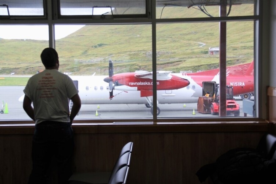 A Ravn Alaska airplane at Unalaska’s Tom Madsen Airport in 2022. (Theo Greenly/KUCB)