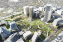 Artist's rendering of tall buildings from the air