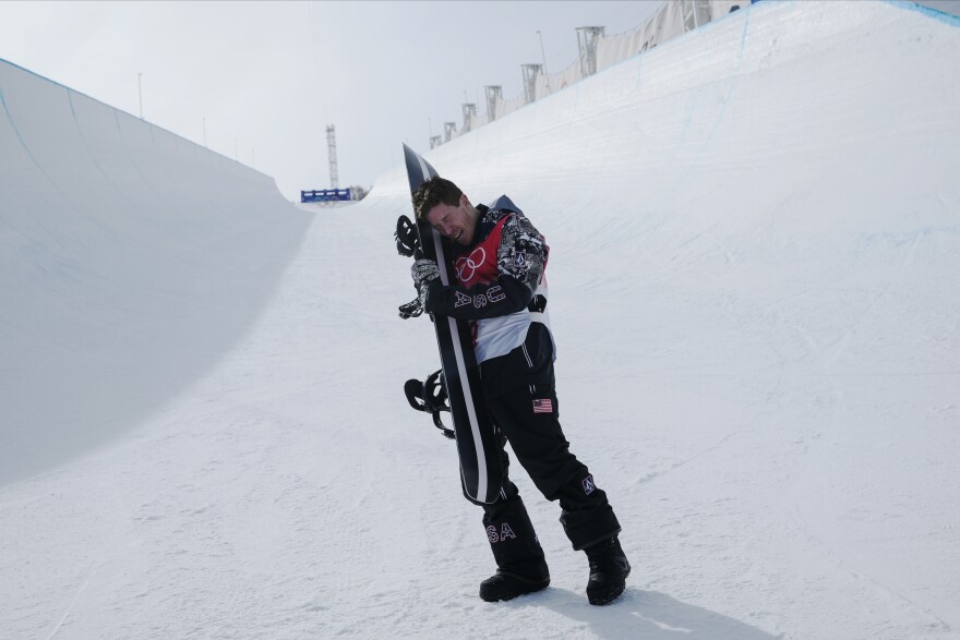 United States' Shaun White gets emotional after the men's halfpipe finals at the 2022 Winter Olympics, Friday, Feb. 11, 2022, in Zhangjiakou, China.