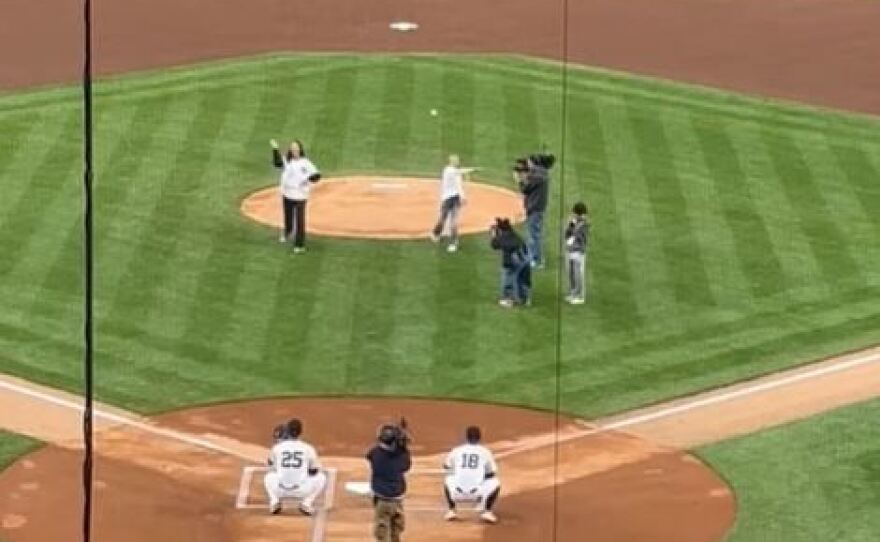 Gianna Clemente of Estero, right, and LPGA icon Michelle Wie West, toss out the first pitch at Yankee Stadium for a recent game. They were in town for the Mizuho Americas Open, which Clemente won as the American Junior Golf Association Junior Champion in 2024. West is the tournament host.