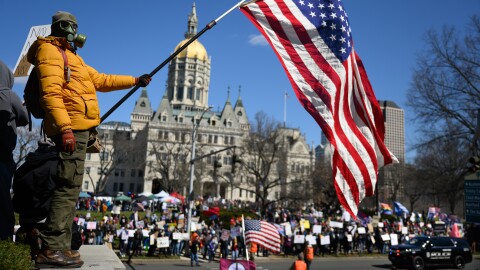 In Hartford, people gathered at The State Capitol Saturday for one of dozens of NoKings protests held around the state. Said one demonstrator (not pictured), “The point of these large demonstrations ... they show the body politic that people are not happy with the way things are going.”