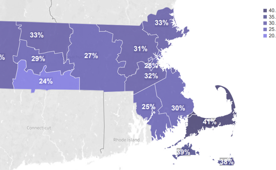 A map showing the percentage of residents of each Massachusetts county who have been fully vaccinated for COVID-19, as of April 20, 2021.