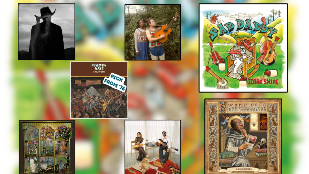 Seven different album covers are splayed out over a blurred image.