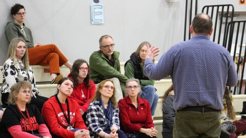Kenai Peninsula Borough School District Superintendent Clayton Holland answers questions during a public meeting to address the proposed closure of Sterling Elementary School due to budget cuts on Wednesday, Mar. 25, 2026 in Sterling, Alaska.