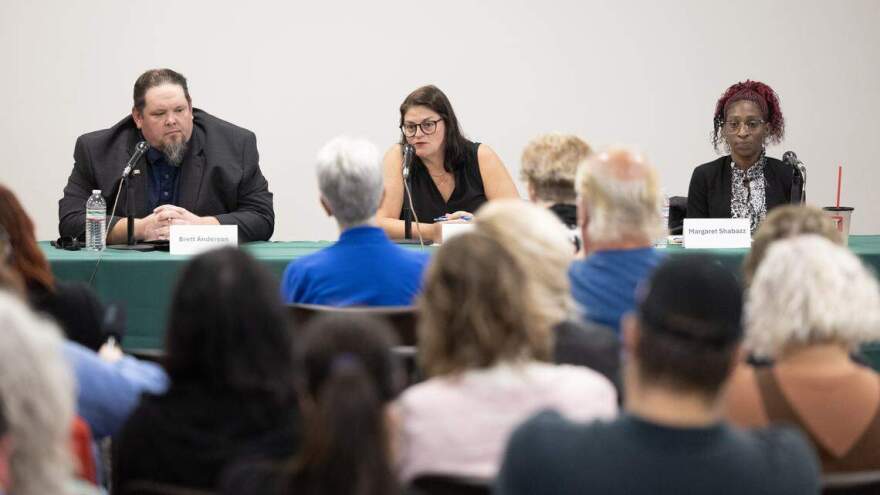 From left, Brett Anderson, Maggie Ballard and Margaret Shabazz take part in a Wichita City Council District 6 candidate forum on Wednesday at the Evergreen Library. 