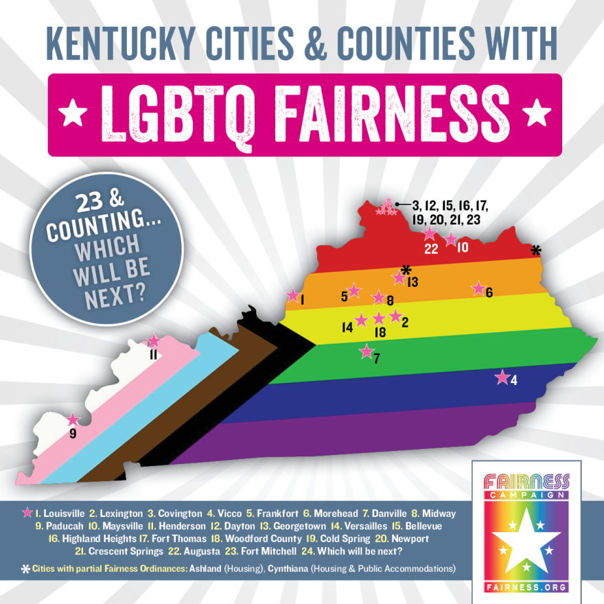 A map of Kentucky cities and counties with Fairness Ordinances.