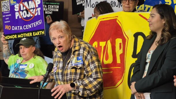 Cheryl Cordes of Alabama, Genesee County, speaks at a rally at the New York State Capitol supporting a data center moratorium on May 13, 2026.