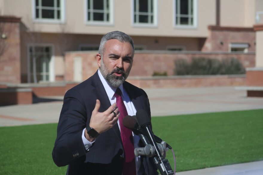 New Mexico Attorney General Raúl Torrez held a news conference on Feb. 9, 2026, outside of the First Judicial District courthouse in Santa Fe on the opening day of the state’s trial against Meta.