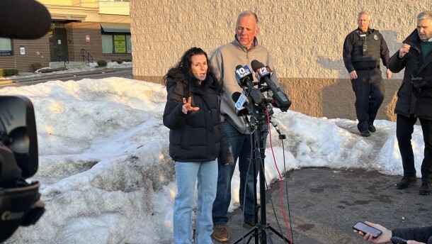Pawtucket Police Chief Tina Goncalves (left) and Mayor Donald Grebien make their first statements on the Pawtucket shooting from earlier today.