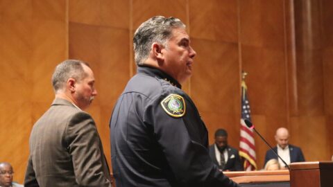 Houston Police Chief Noe Diaz, right, and Houston Police Officers' Union president Douglas Griffith speak at a Houston City Council meeting on Wednesday, May 21, 2025.