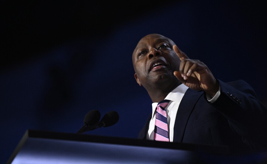 US Senator Tim Scott (R-SC) speaks during the first day of the 2024 Republican National Convention at the Fiserv Forum in Milwaukee, Wisconsin, July 15, 2024.