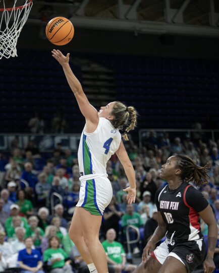 Dolly Cairns goes up for a layup against Austin Peay in the ASUN Basketball Tournament Semifinals on Tuesday, March 12, 2024, at Alico Arena in Fort Myers.