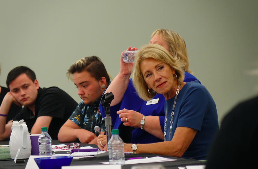 Federal Education Secretary Betsy DeVos is awarding $59 million to Indiana to expand charter schools. On Sept. 15, 2017, she visited Indianapolis charter school Hope Academy.