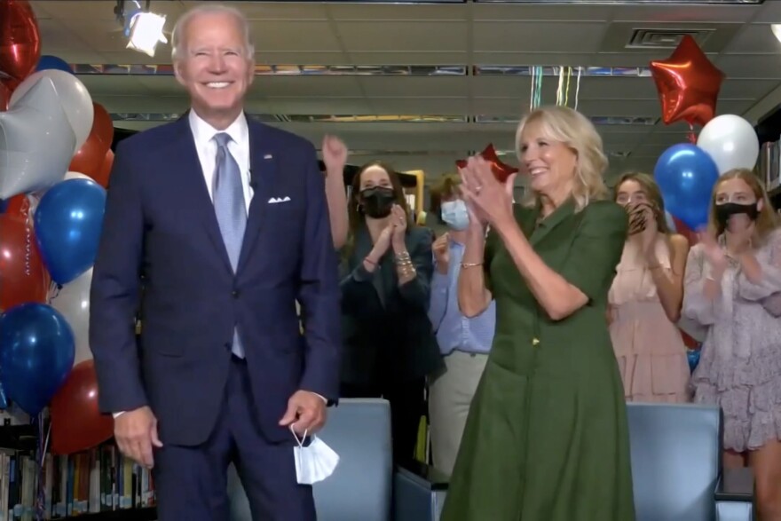 In this screenshot from the DNCC’s livestream of the 2020 Democratic National Convention, Presumptive Democratic presidential nominee former Vice President Joe Biden and Former U.S. Second Lady Dr. Jill Biden together give a thank you speech with supporters during the virtual convention on August 18, 2020. (Handout/DNCC via Getty Images)