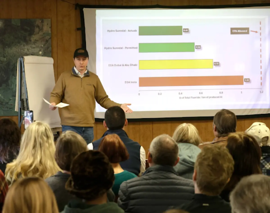 Local residents gather for a community meeting in Inola on Mar. 7, 2026 to discuss the aluminum smelter planned for their community. Thomas Harrington explains to the crowd gathered the air pollution levels, chemical make up and distance that can be expected from the plant.