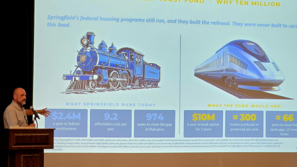 Springfield Planning and Development Director, Steve Childers, speaks during a summit on housing in Springfield. He pitched a proposal for a housing trust fund.