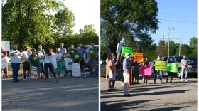 Counter-protestors on the left, including local farmers who use the biodigester's fertilizer and Renergy employees, exchange with protestors on the right, including nearby landowners and Democratic candidate for State House District 73 Kim McCarthy. 
