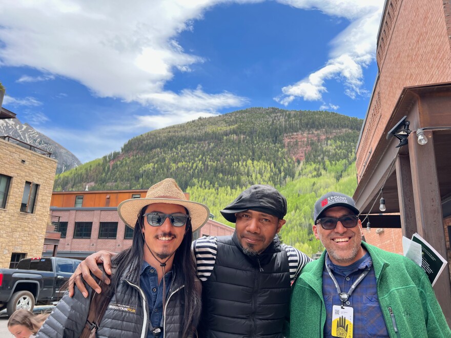 Mountainfilm guest director Jeff Orlowski-Yang, Paul Miller aka DJ Spooky, and 5Point Film Festival director Luis Yllanes pose for a photo on May 30, 2022.