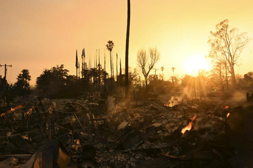 The sun sets over damage from the Eaton Fire, Thursday, Jan. 9, 2025, in Altadena, California. (Nic Coury/AP)