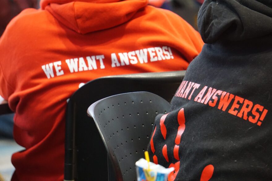 Sweatshirts at the April 30, 2026, Walk for Missing and Murdered Indigenous People bear a message. The event was hosted by the Alaska Native Science and Engineering Program at the University of Alaska Anchorage.