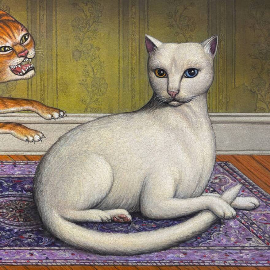 a still image of a drawing of a white cat on a purple rug