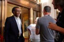 U.S. Rep. Emanuel Cleaver greets two Bernie Sanders supporters in Philadelphia. Cleaver backed Hillary Clinton during the presidential primaries.