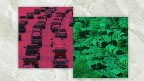 A graphic showing traffic on a highway bathed in red next to an aerial photo of houses and apartments in green. 