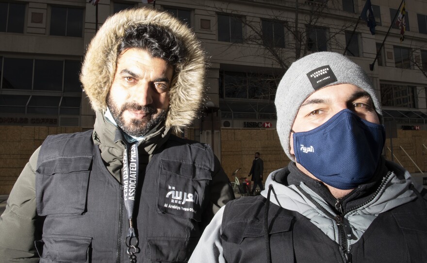 Kaleed (at right) and Ahmed are journalists reporting on the inauguration for Al Arabiya News Outlet. Kaleed was struck by rioters while covering the siege on the U.S. Capitol building on January 6, 2021.