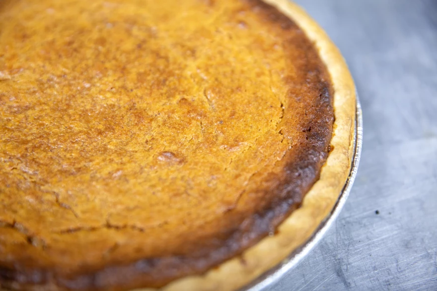 A cooked sweet potato pie cools on Nov. 15, 2023 at Ol' Henry's Restaurant in Berkeley, Missouri. The flaky crust contains a filling made from boiled and peeled sweet potatoes and flavored with a variety of spices like nutmeg, cinnamon and vanilla.