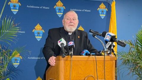 Archbishop Thomas Wenski of the Archdiocese of Miami speaks to reporters at a press conference, moments after the College of Cardinals announced its first American pope.