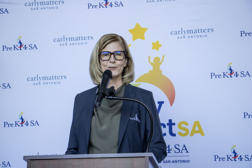 Sarah Baray, chief executive officer of Pre-K 4 SA, marks the launch of the new EarlyConnectSA search tool during a media event at the South Education Center on Tuesday, Oct. 20, 2026.