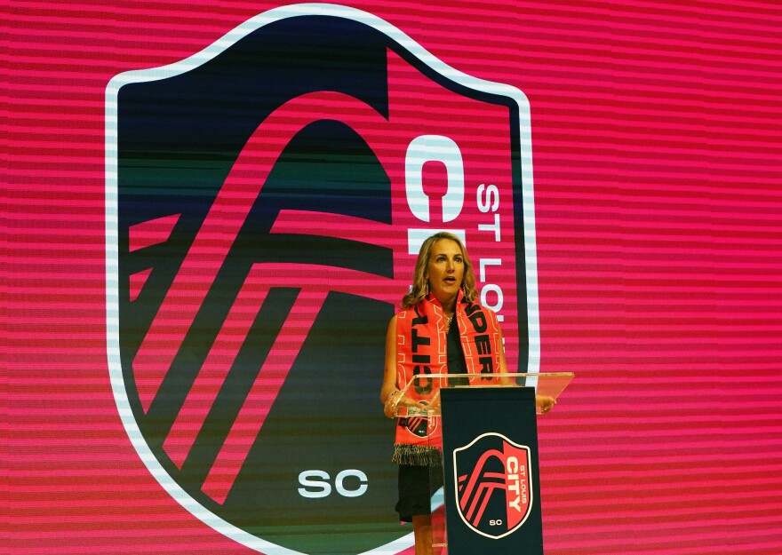 Team CEO Carolyn Kindle Betz announces the new name of the soccer team, their colors and crest during a virtual press conference at Harris Stowe State University in St. Louis on Thursday, August 13, 2020. The name of the team scheduled to play in 2023 is the St. Louis City SC with the colors being red and navy blue. 