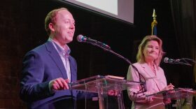 Democratic candidates for governor — Sen. Ethan Corson and Sen. Cindy Holscher — participate in a forum April 26, 2026, at the Aztec Shawnee Theater.