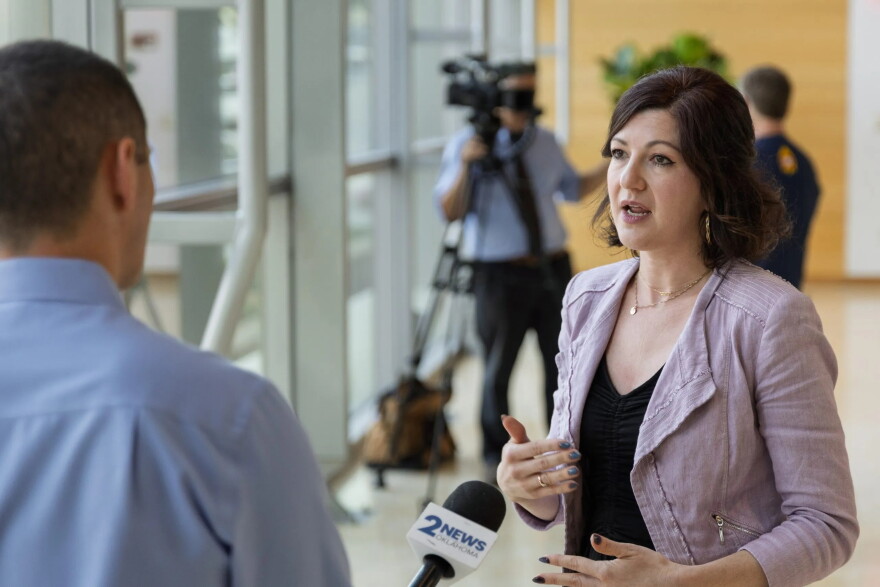 Tulsa City Councilor Laura Bellis speaks to the media after a regular city council meeting on Wednesday, Sept. 16, 2026, where an eviction prevention program passed unanimously.