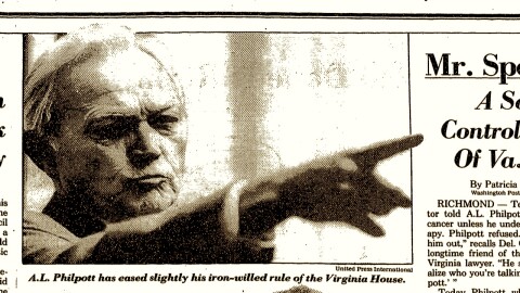 A newspaper headline and photo of A. L. Philpott from his time as Speaker of the House of Delegates.