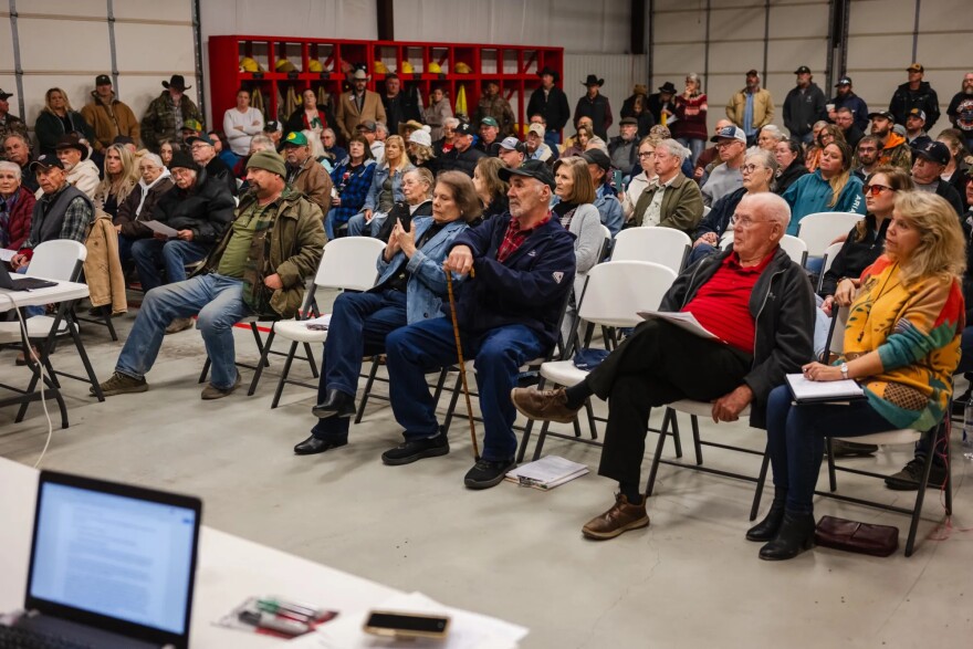 Community members gather in the Ross Volunteer Fire Department in opposition to a proposed data center in Ross on Dec. 14, 2025.