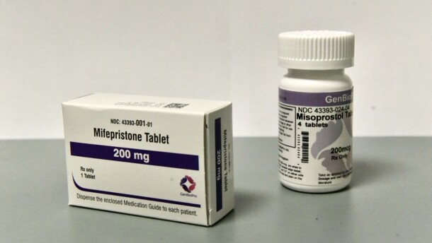 A white box with purple accents that reads Mifepristone Tablet, 200 mg.