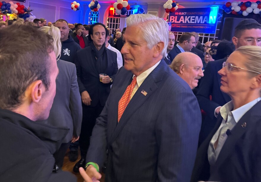 Nassau County Executive Bruce Blakeman greets supporters on Election Night, Nov. 4, 2025, in Baldwin, New York.