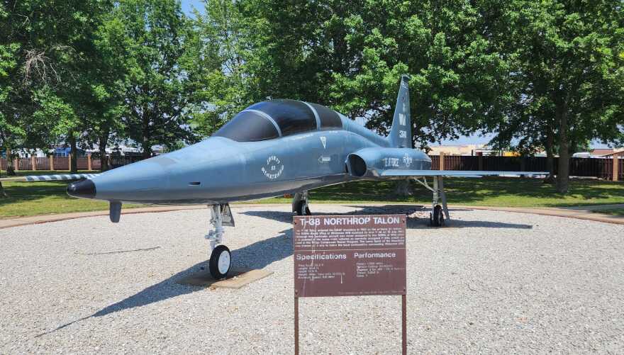 A Northrop T-38 Talon supersonic jet trainer sits on display near the airfield at Whiteman Air Force Base. 