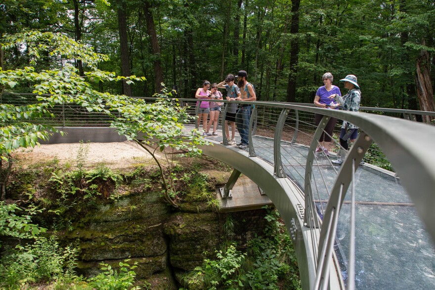 Nelson-Kennedy Ledges State Park visitors enjoy the view from the area's newest addition, the Falls Edge Glass Walkway, on June 23, 2025. The bridge spans 137 feet and sits above the Sylvan Creek gorge, allowing visitors to see about 50 feet below them.